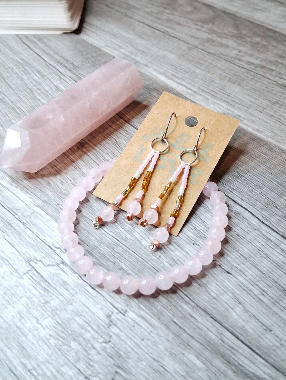 Rose Quartz Tower Bracelet & Drop Earrings Gift Set, 3 Piece Crystal Bundle